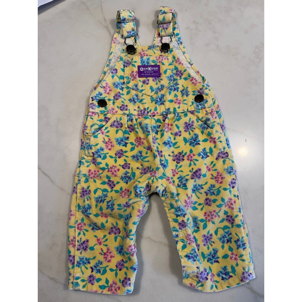 Vintage Osh Kosh Yellow Corduroy Floral overalls made in USA paper tag 3/6 month